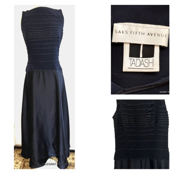 TADASHI Nay Blue Long Dress 6 Satin Sleeveless Womens Evening Gown Modest Neck S - Picture 1 of 11